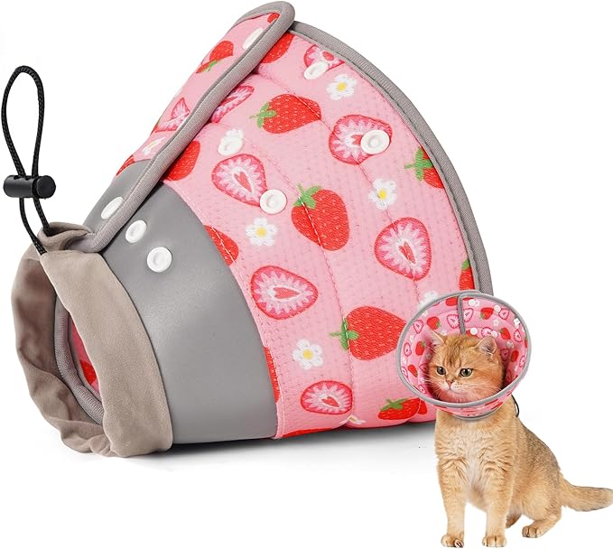 Avont Cat Cone Collar Soft to Stop Licking, Adjustable Foldable Lightweight Kitten Recovery Collar After Surgery for Small Dogs, Elizabeth Cone of Shame Alternative -Strawberry(L)