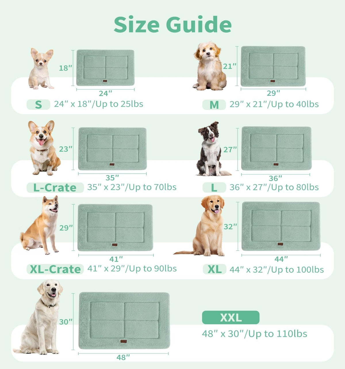Made4Pets Dog Crate Pad Bed for Medium Dogs, Washable & Reversible, Anti-Slip Kennel Mat for Cozy Sleeping, Soft Fluffy Dog Bed for Indoor & Outdoor Use, 29"x21", Green
