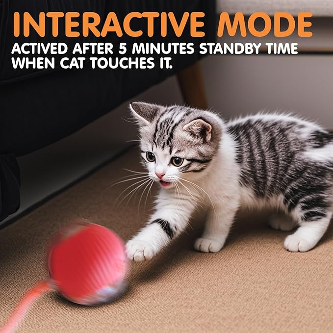 Rocfish Durable Interactive Cat Toys for Indoor Cats, Smart Automatic Cat Chase Ball Toy, Upgraded Speedy Tail Kitten Toy for Bored Indoor Adult Pets (Red)
