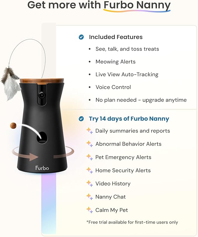 Furbo 360° Cat Camera: Pet Security Cam w/Meowing Alerts, Rotating View, Treat Toss w/Phone App, Smart Home Kitty Monitoring, 2-Way Speaker, No Subscription Needed. Standard See, Talk, & Toss Features