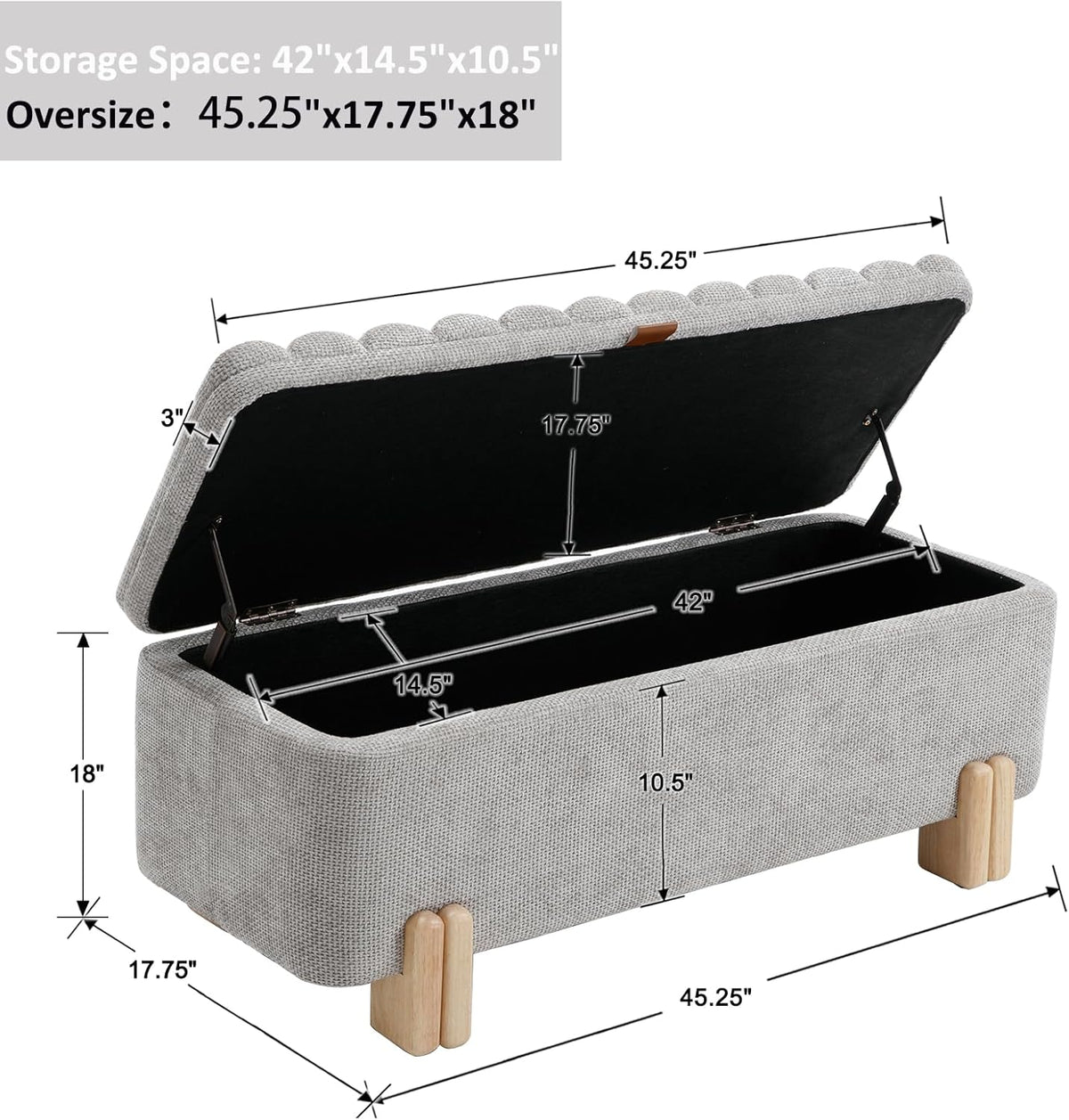 Kmax 45" Storage Bench Velvet Entryway Bench Upholstered Ottoman Bench with Wavy Top & Safty Hinge for Bedroom Living Room Hallway, Grey