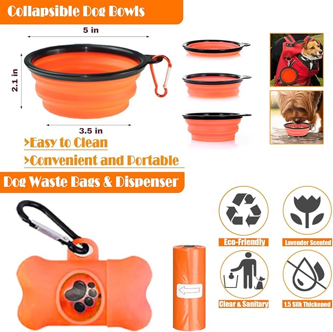 No Pull Dog Harness, Collar & Leash Set | Includes Dog Seat Belt, Collapsible Bowls & Poop Bag Dispenser. Ideal for Training, Walking, Hiking. Fits Small to Large Dogs(Orange-L)