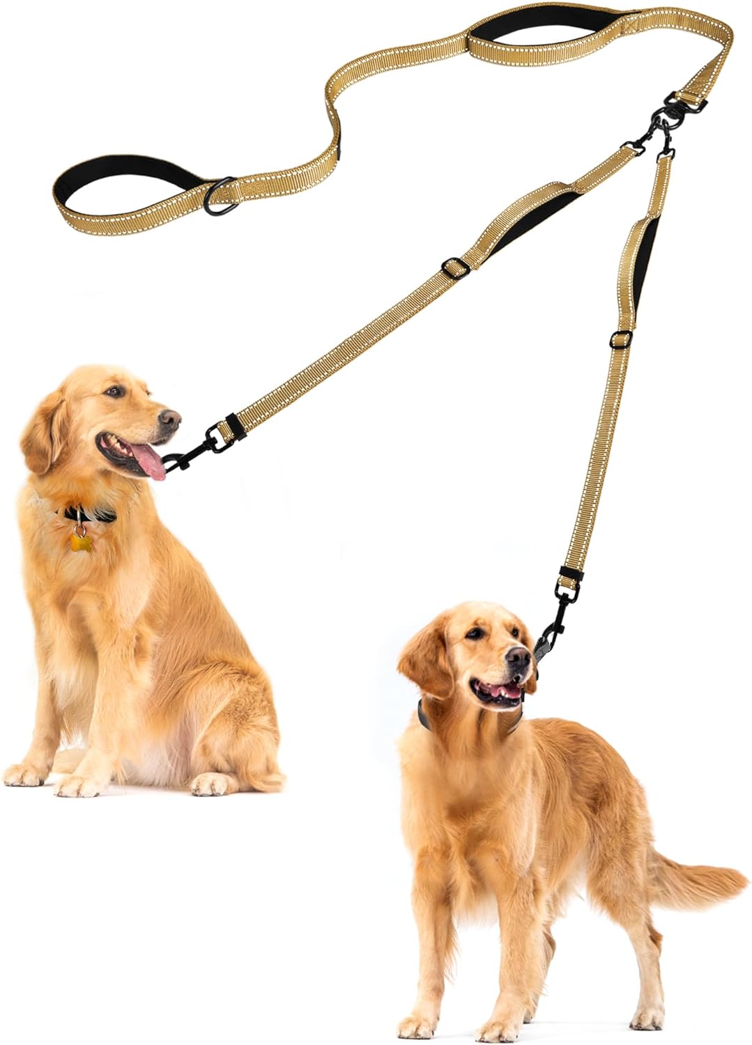 PetBonus Double Dog Leash, No Tangle Dual Leash, Reflective Walking Training Lead, 4 Comfortable Padded Handles for 2 Dogs with Collapsible Bowl and Waste Bags (Light Khaki, Large)
