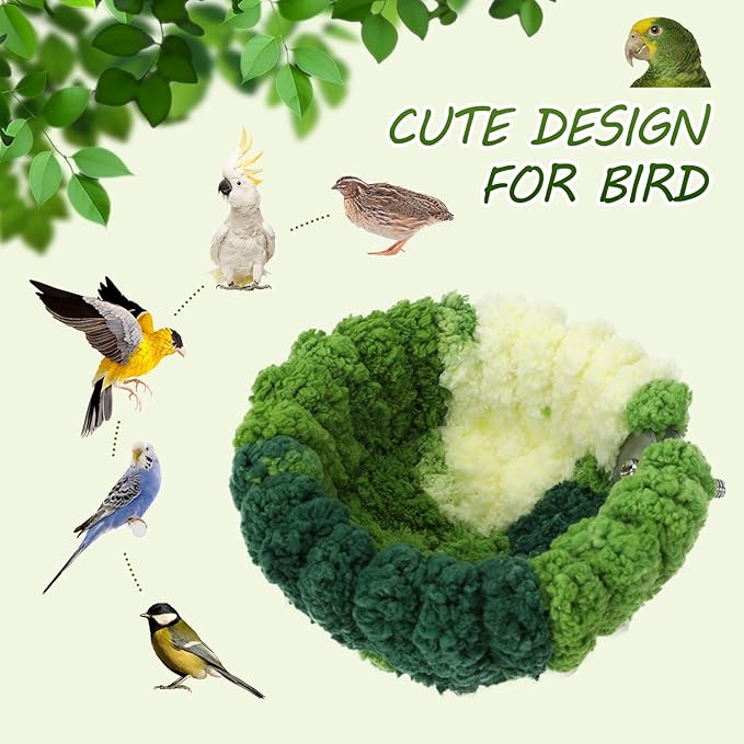 Bird Nest for Cage,Plush Hanging Bird Bed for Parakeet,Breeding Bird House for Conure,Budgie,Cockatiel,Lovebird,Canary,Finch,Hamster,Small Pets,Warm Nest (Green, S)