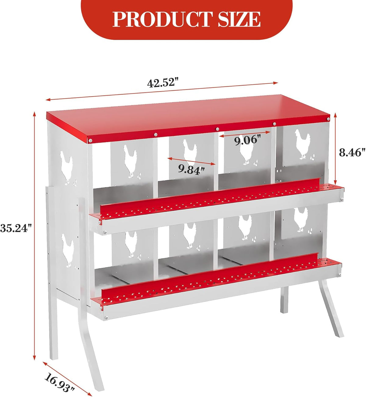 8 Hole Chicken Nesting Box with Roll Out Egg Tray, Rustproof & Ventilated Chicken Laying Boxes for Hens, Chickens, Ducks | Easy-Clean Poultry Coop Accessories, Red with Stand