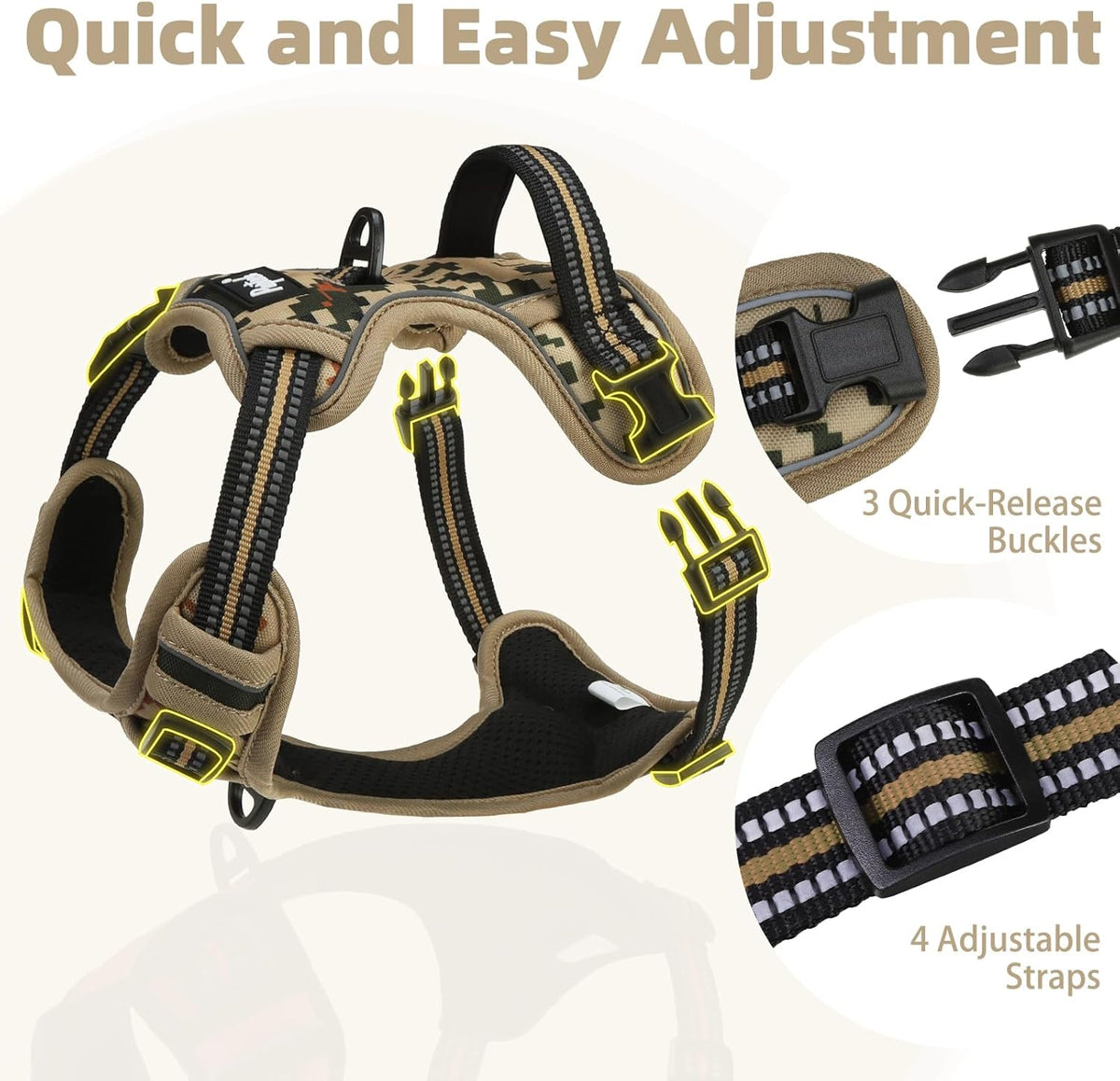 PUPTECK No Pull Dog Harness for Large, Adjustable Reflective Dog Harness with Handle Easy Control, Comfortable Soft Padded Pet Vest Harness for Large Dogs, Camouflage L
