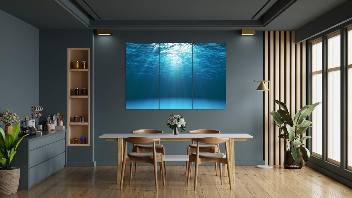 Nature Wall Art Prints - Ocean Forest Mountain Lake Canvas Landscapes - Small to Extra Large Living Room Bedroom Kitchen Bathroom Décor (Sun Rays Under Water, 31L" x 47W" - 3 Panels)