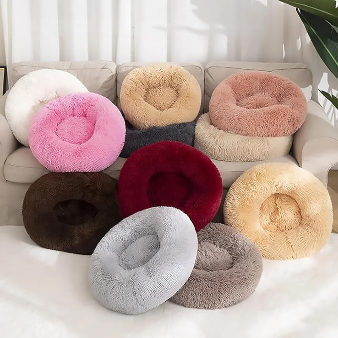 Calming Dog Bed for Small Dogs, Calming Donut Cuddler Pet Bed Anti Anxiety Round Dog Bed Fluffy Plush Faux Fur Cat Bed,Gradient Grey,35.5IN