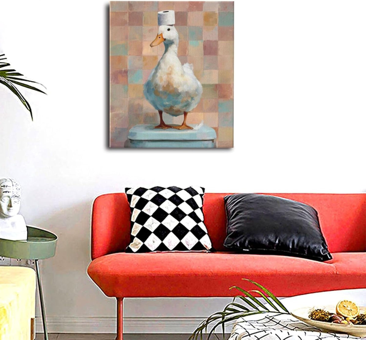 Funny Duck Bathroom Wall Art Cute Duck on Toilet Canvas Wall Decor Funny Quirky Farm Animal Pictures Painting Print Framed Artwork Decorations Gifts for Bathroom 20"x24"