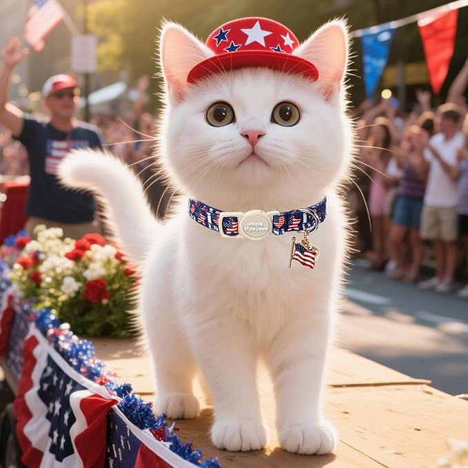 Unique Style Paws 4th of July Cat Collar,Cute Cat Collars with Love USA Pattern,Patriotic Kitten Collar with Breakaway Buckle,Ideal Gift for Boy Girl Cats