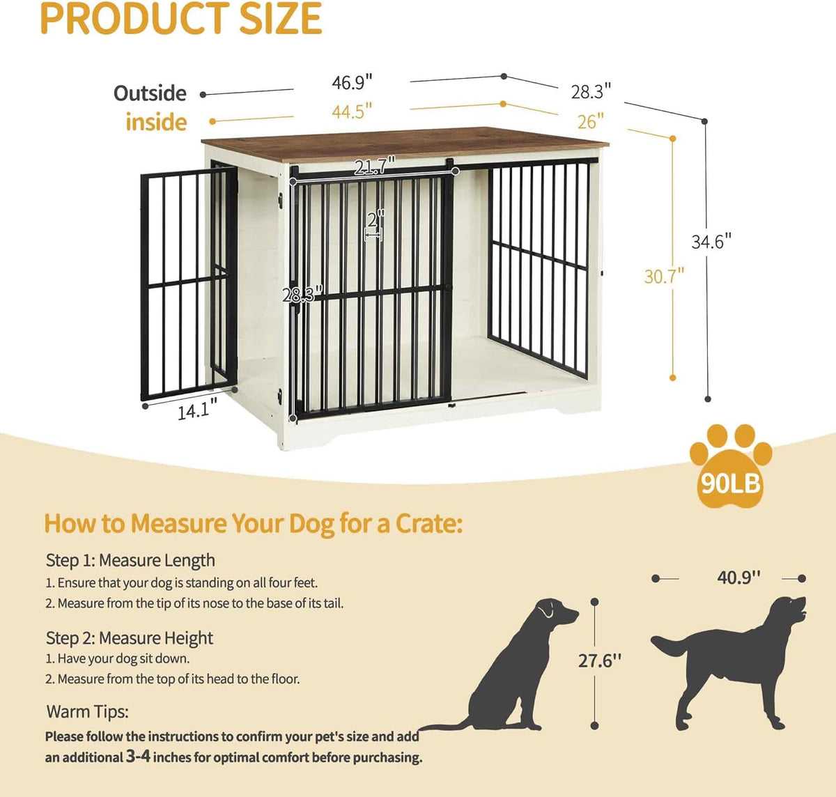 XXL Large Dog Crate Furniture, 46.9" Indoor Dog Kennel Furniture with Barn Door, Wooden Tall Dog Crate, Heavy Duty Dog Cage for Large Dogs, Side End Table, Anti-Chew, White Brown DFC83814B