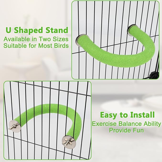 Rypet U Shape Parrot Perch Stand Toy for Paw Grinding Clean Stick Exercise, Rough-Surfaced Quartz Bird Perch Standing Cage Accessories for for Small Parakeets Cockatiels Conures Macaws Finches(Green)