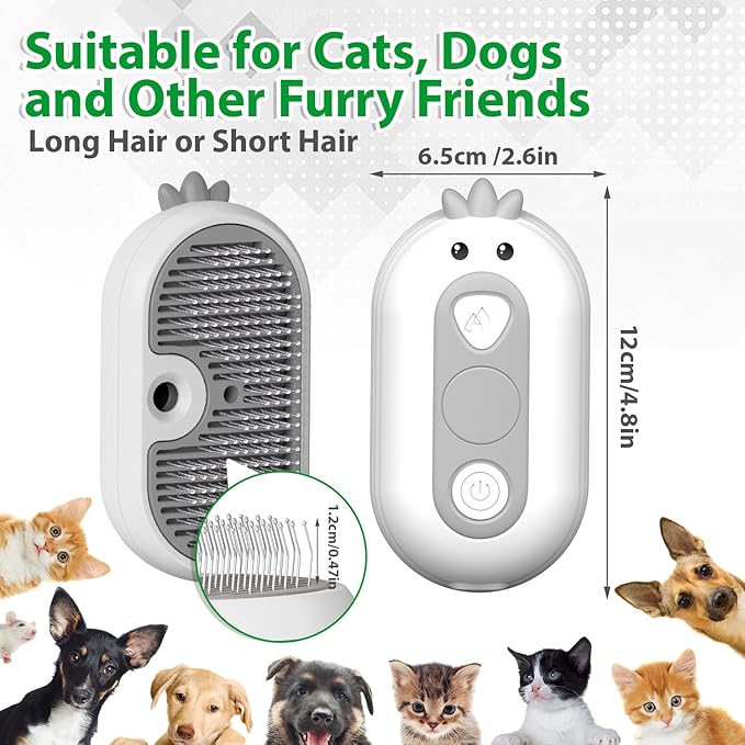 Cat Steam Brush with Release Button, 3 in 1 Rechargeable Pet Spray Water Comb for Long & Short Hair Removal, Self Cleaning Slicker Vapor Brush for Indoor Cats Dogs Rabbits Shedding Grooming