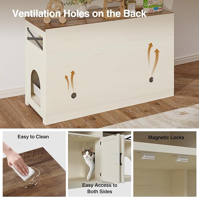 Cat Litter Box Enclosure for 2 Cats, 47" Hidden Litter Box Furniture Cat Washroom with Double Large Room, Farmhouse Indoor Litter Box Cabinet TV Stand, White
