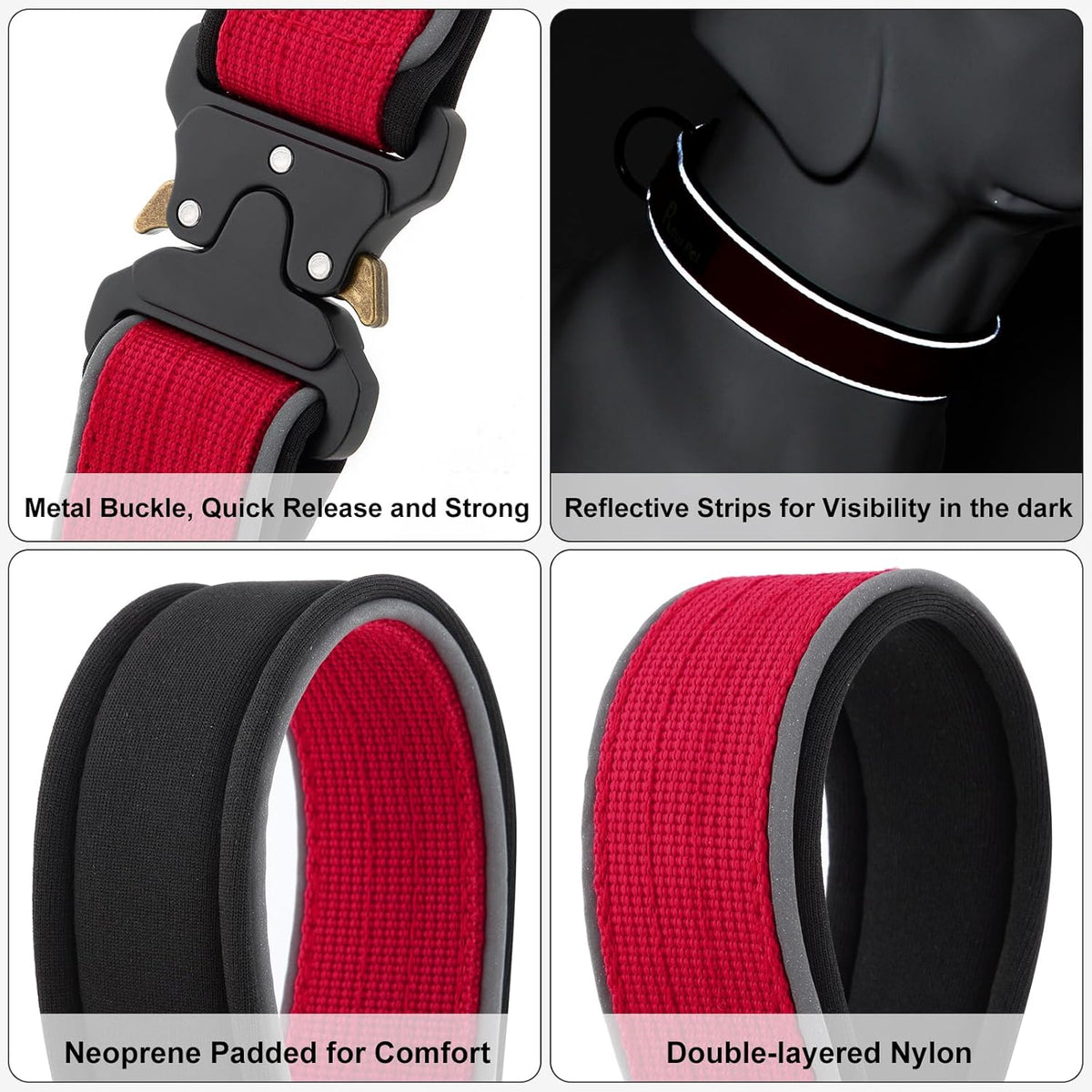 Plutus Pet Tactical Dog Collar, Reflective, Adjustable Heavy Duty Dog Collar, Soft Padded and Comfortable, for Small Medium and Large Dogs (Red, M)