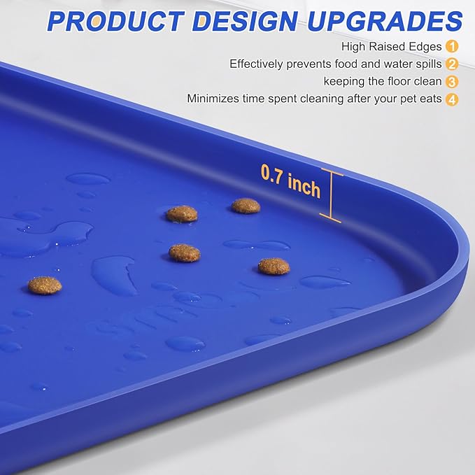 Silicone Pet Feeding Mat with Raised Edge for Food and Water, Dog Bowl Mats, Cat Bowls Placemat with High Lip for Floor Waterproof, Rubber Tray for Cats and Dogs 19 x 12 x0.7 Navy Blue
