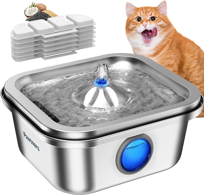 Cat Water Fountain Stainless Steel, 4L/135oz Cat Fountain, Automatic Dog Drinking Dispenser with Water Level Window, 6 Filters, Metal Pet Water Bowl Indoor, Quiet Pump, Easy Cleaning