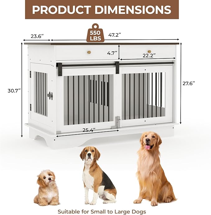 Dog Furniture Crate, 47" Large Dog Crate Furniture w/ 2 Storage Draws & Removable Divider for Large/Medium/Small Dogs (White, Double Cage)