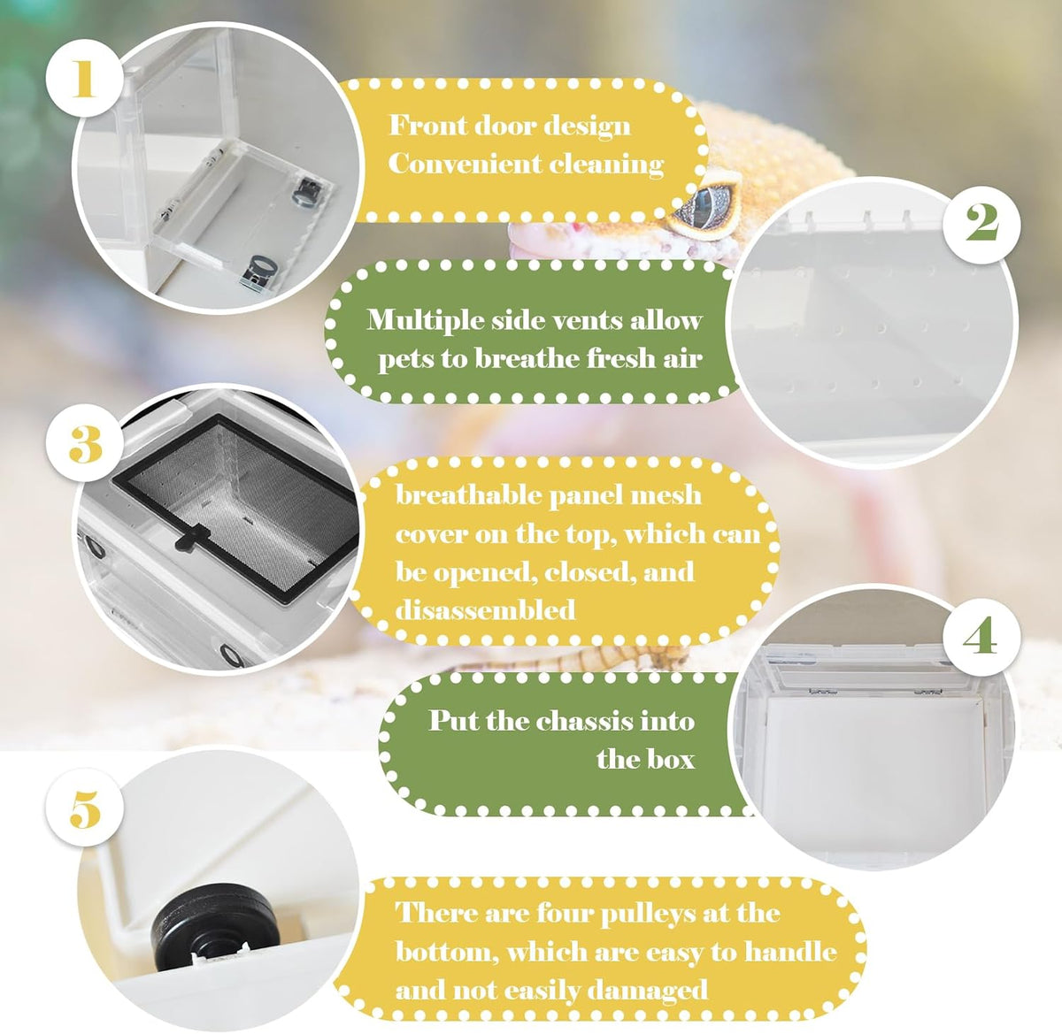 PINVNBY Plastic Reptile Feeding Box with Wheels,Reptiles Breeding Enclosure Cages Transparent Amphibians Habitat Terrarium Tank Portable Transport Container for Lizard,Bearded Dragon(White)