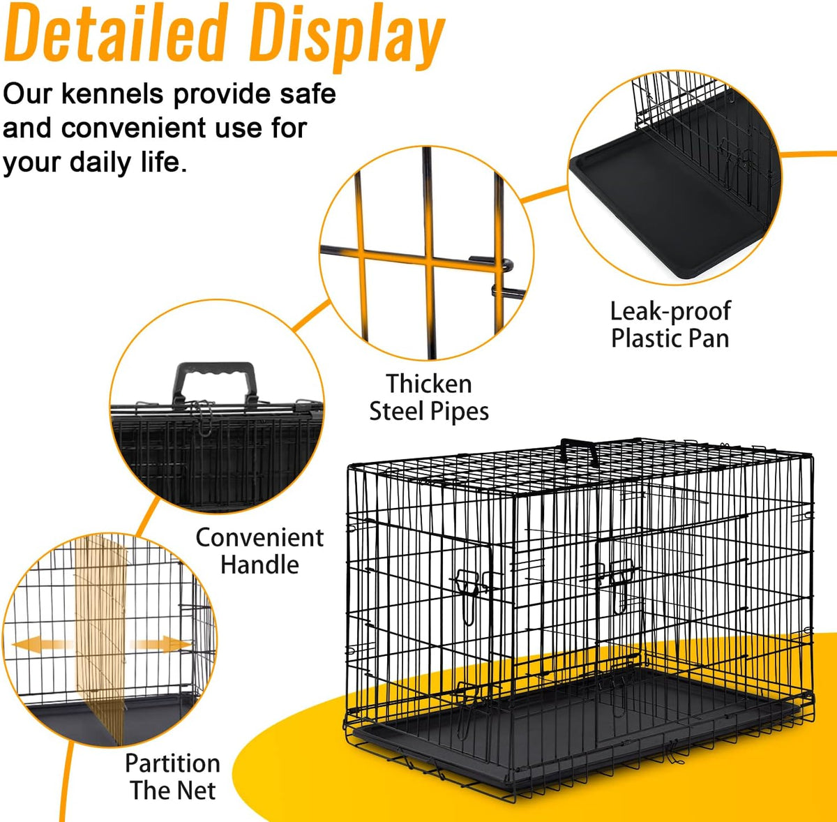 FDW Dog Crate for Medium Dogs 30 Inch Folding Metal WirePet Cage Double Door W/Divider Panel Indoor Outdoor Kennel Leak-Proof Plastic Tray,Black