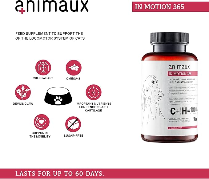 animaux – in Motion 365 for Dogs, Joints, Bones, Mobility, Ligaments and Tendons, Green-Lipped Mussel, Willow Bark and Devil’s Claw, Natural Pain Relief, 60 Chewable Tablets, 60 Days Supply