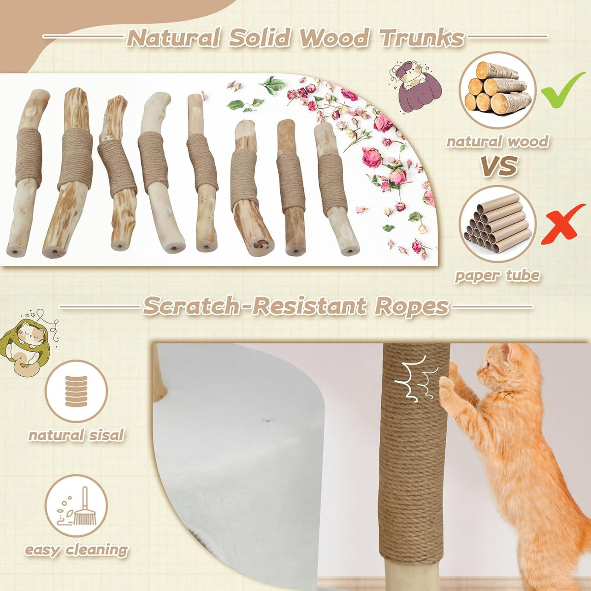 Modern Cat Tree Tower, Solid Wood Multi-Level w/ 2 Flower Perches, Scratching Post, Hanging Ball - Luxury Boho Cat Furniture w/Condo & Wicker Basket for Indoor Cats