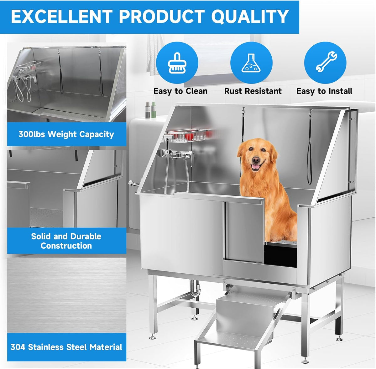 Dog Washing Station 50" Dog Grooming Tub with Right Stair& Faucet, Stainless Steel Dog Bathing Station for Home,Dog Bathtub for Large,Medium,Small Pets