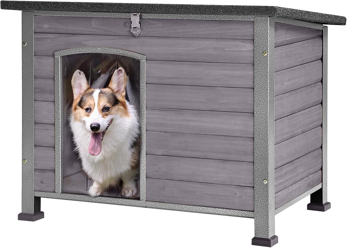 GUTINNEEN Chew Proof Dog House with Metal Iron Frame Outdoor Dog Kennel for Small Medium Large Indoor Dog Cage (33.5" L,Grey Color)