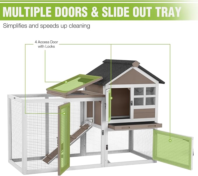 GUTINNEEN Large Rabbit Hutch Indoor 2-Level Wooden Chicken Coop Outdoor Bunny Guinea Pig Cage with Run, Chew-Proof Ramp, Leak-Proof Pull Out Tray, Lockable Doors for Small Animals (Brown & White)