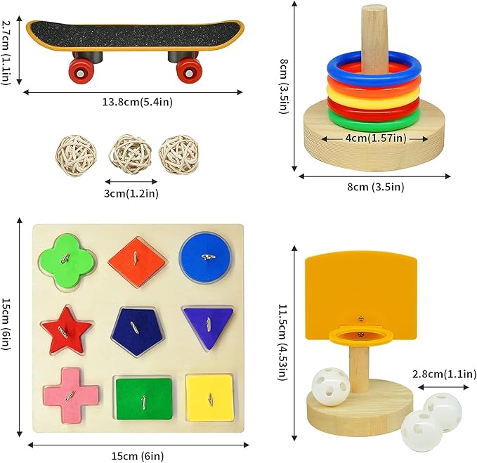 Bird Toys for Parakeets,5pcs Parrot Toys Set (Include Basketball Hop,Skateboard,Stacking,Parrot Wooden Block Puzzles,Small Sepak Takraw) Parakeet Toys for Bird Training Toys