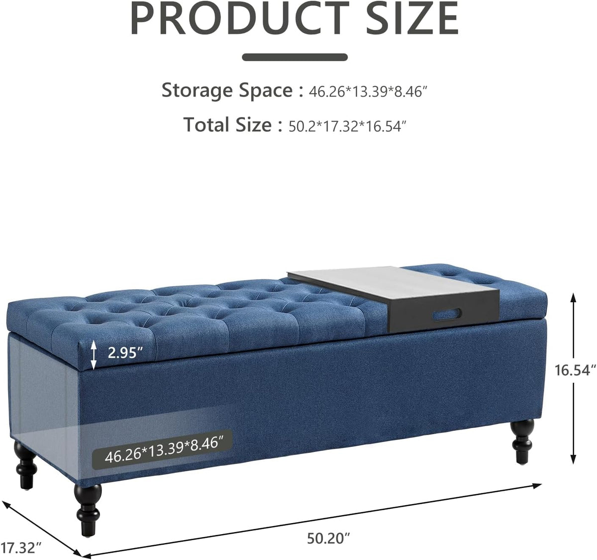 Ottoman with Storage,50.2-inch Upholstered End of Bed Storage Bench for Bedroom,for The Living Room,for Entryway, with Tray & Button and Safety Hinges,Detachable (Blue)