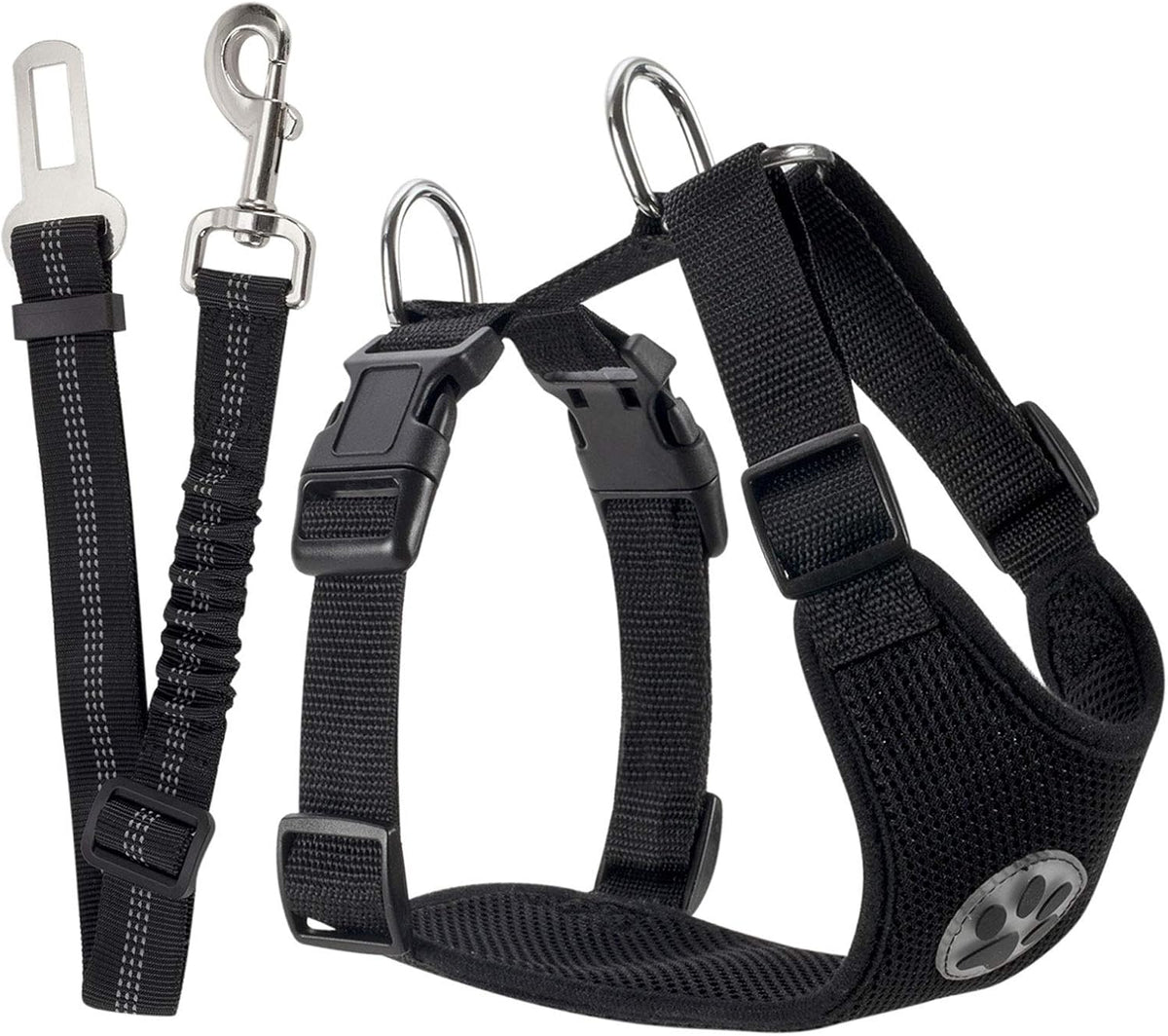 SlowTon Dog Seat Belt Harness for Car, Dog Car Harness Adjustable Mesh Breathable & Dog Seatbelt Safety Tether with Elastic Bungee for Small Medium Large Pets(Black, Single Clip, L)