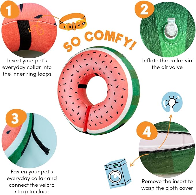 BENCMATE Inflatable Dog Cone Collar Alternative, Soft Dog Cone for Small Medium Large Dogs and Cats, Neck Recovery ECollar Donut Collar After Surgery (Medium, Watermelom)
