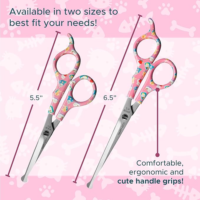 Kenchii Happy Kitty Ball Tip Shears Trimming Scissors for Cats | Pet Grooming Kitten Essentials | Stainless Steel Safety Blunt Tip Scissors | 5.5 In