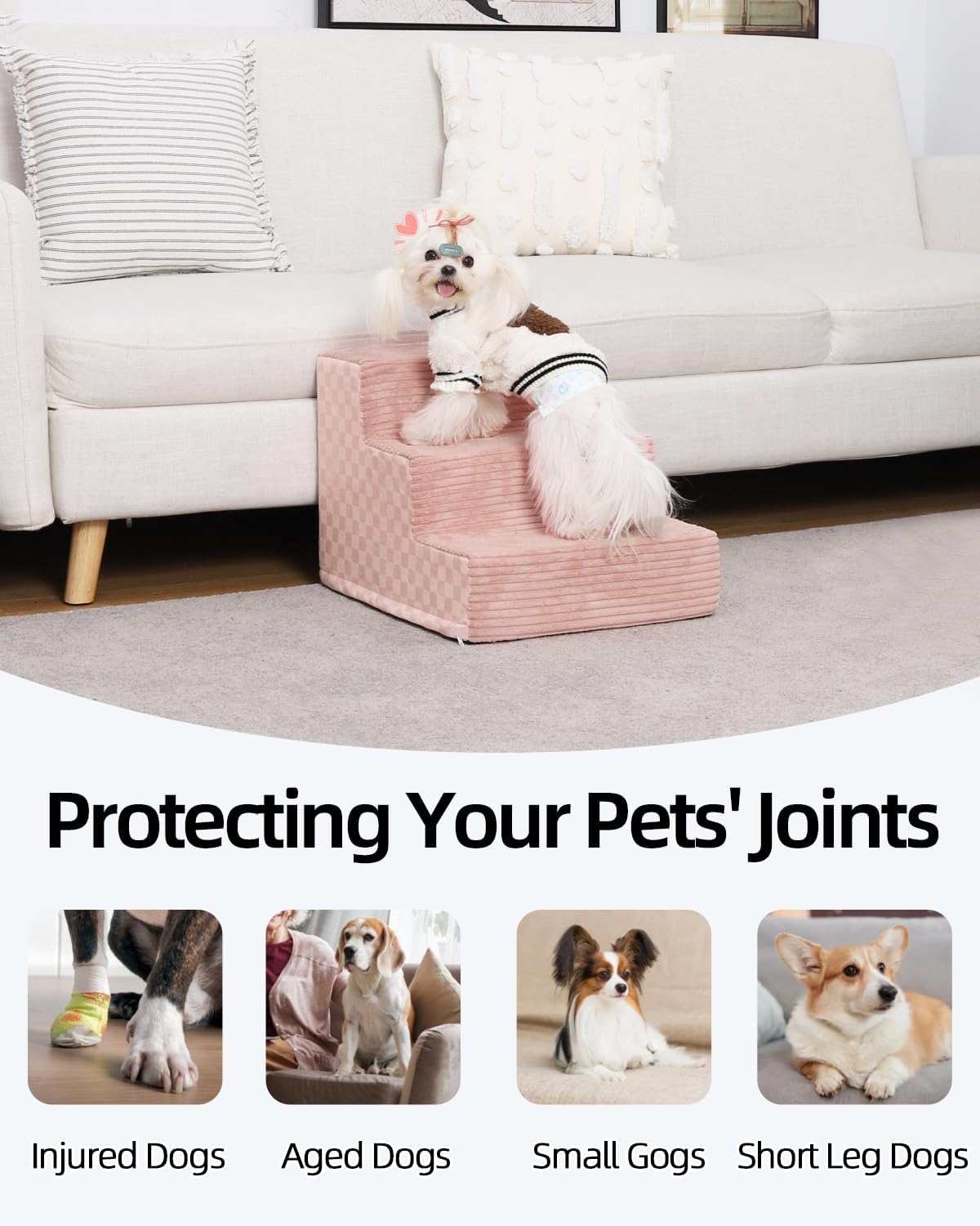 Dog Stairs for Small Dogs,22" H,5-Step Dog Steps for Bed and Couch with High Density Foam,Non-Slip Pet Steps for Doggy and Cat,Pet Stairs with a Washable Cover,Pink