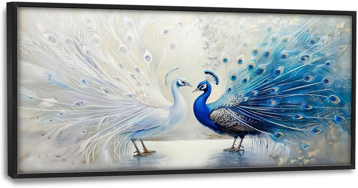 Quorin Peacock Large Wall Art Blue and White Pictures Elegant Animal Wall Decor Canvas Print Painting Artwork for Bathroom Living Room Bedroom 60L x 30W