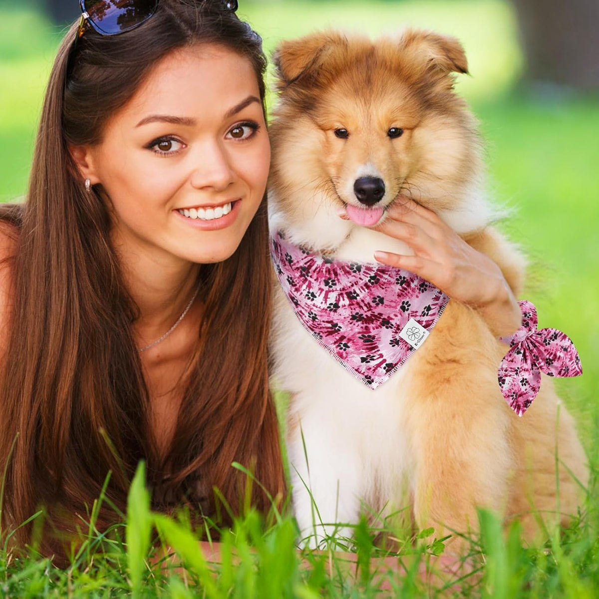 E-Clover Purple Dog Bandana & Matching Scrunchie Dog Paw Prints Pet Dog Scarf Cute Dog Costumes Accessories for Small Medium Large Dogs Lavender