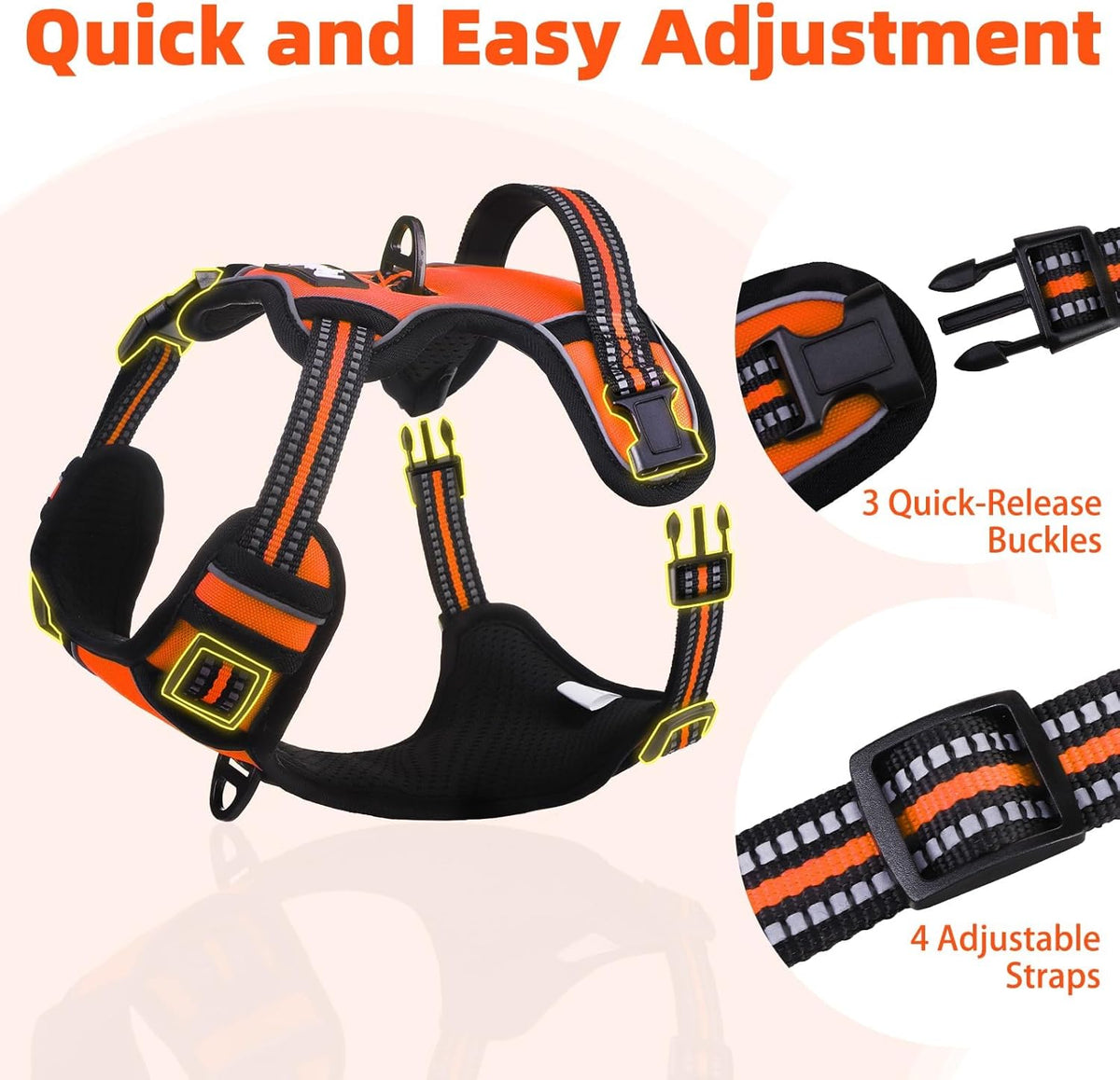 PUPTECK No Pull Dog Harness for Large, Adjustable Reflective Dog Harness with Handle Easy Control, Comfortable Soft Padded Pet Vest Harness for Extra Large Dogs, Orange XL