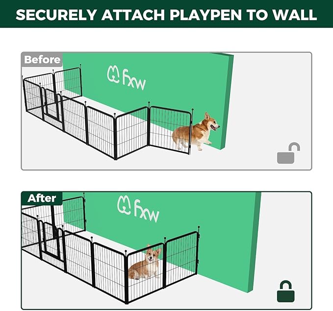 FXW Homeplus Unleashed Indoor Dog Playpen - Stress-Free and Safe Play, Heavy Duty 45 Inch 8 Panels with Fence-to-Wall Anchor (Pack of 4) for Large Dogs, Black│Patented