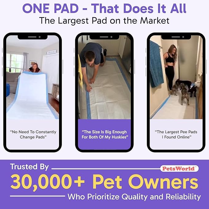 PETSWORLD Mega-Sized Dog Pee Pads (40" x 99") – 4XL Gigantic Pet Piddle Pads for Puppy Training, Incontinence – with Adhesive Sticky Tape – Leak Proof, 5-Layer Protection (80 Count)