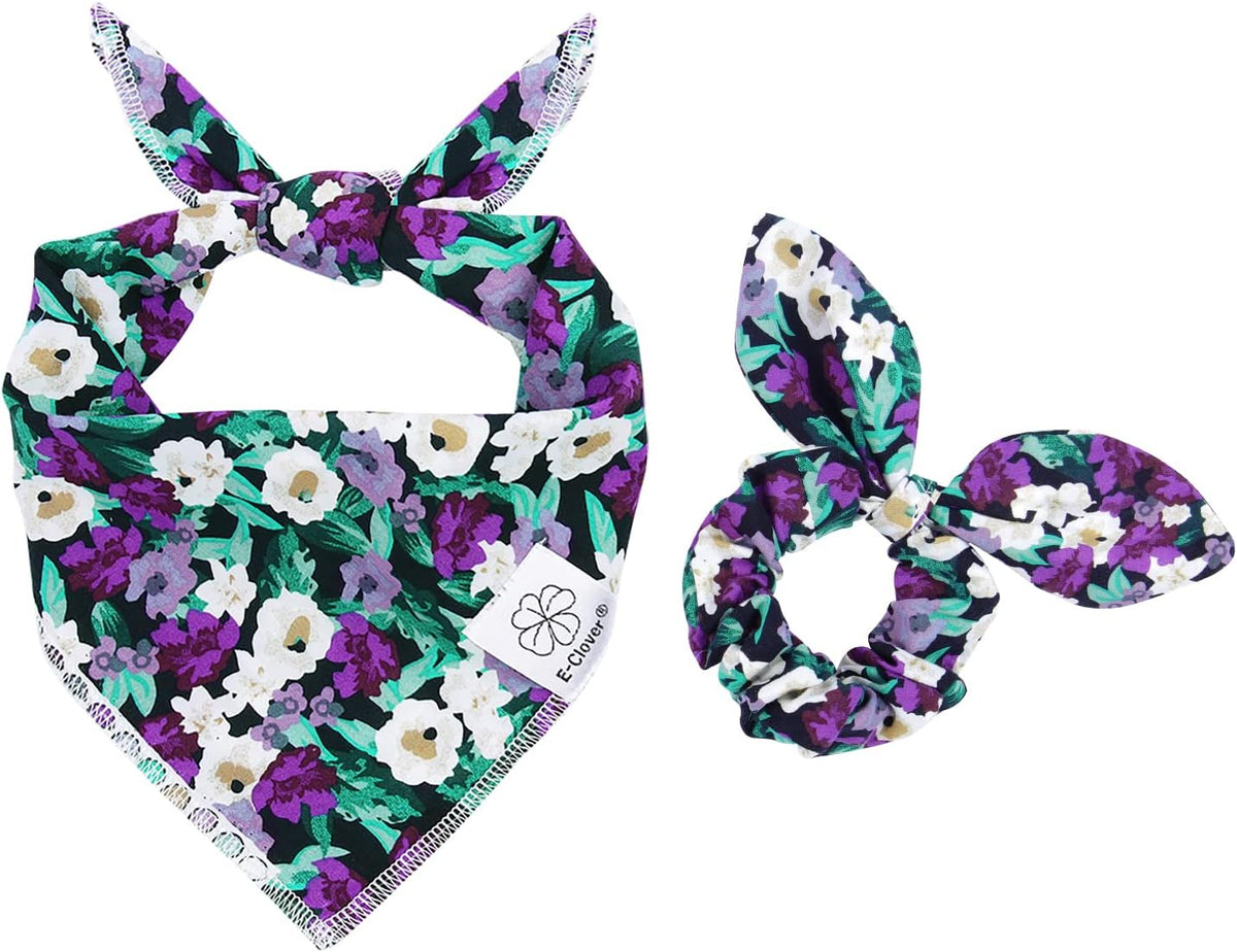 E-Clover Dog Bandanas & Matching Scrunchie Set Dog Bandana Scarf Bibs Washable Kerchief for Small Dogs Puppy & Pet Owner Purple Halloween Accessories