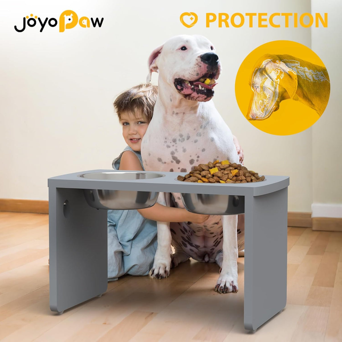 Elevated Dog Bowls, Bamboo Raised Dog Bowl for Large Dogs, with 2 Stainless Steel Bowls (13'' Tall-68oz Bowl, Grey)