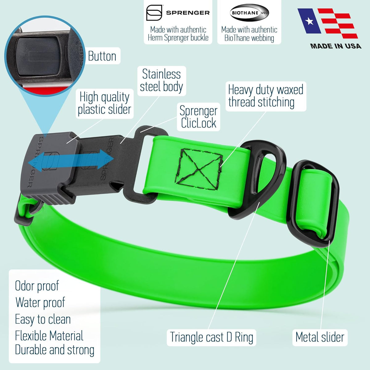 Dogline Biothane Waterproof Dog Collar with Herm Sprenger Stainless Steel Quick Release Buckle – Heavy Duty Tactical Durable Collar for Dogs – Comfortable and Safe Pet Collar, W 1" L 15-25", Green