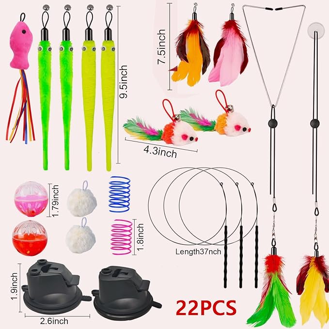22Pcs 5-in-1 Cat Toys Interactive Cat Toy for Indoor Cats with Sticky Super Suction Cup Detachable Replacements Feathers Balls Mice Spring 3 Wand Hanging Door Kitten Toys