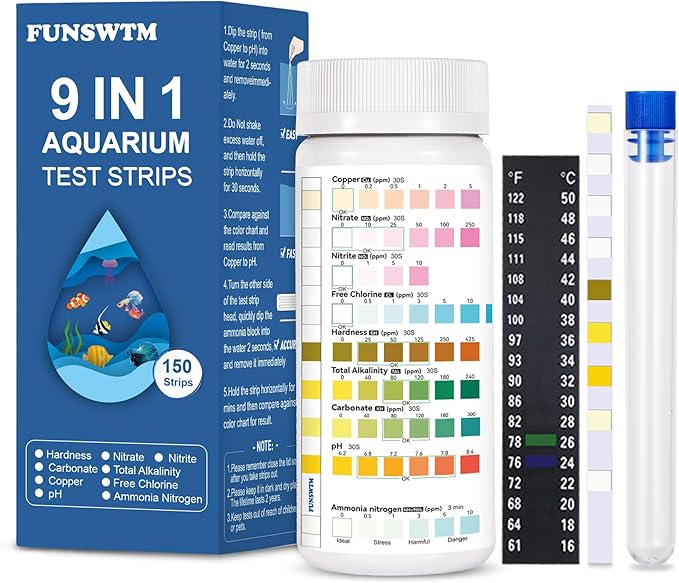 Aquarium Test Strips for Fish Tank: 9 in 1 Aquarium Water Test Kit for Freshwater - 150ct Fish Test Strips Testing Ammonia pH Nitrate Chlorine Nitrite Hardness Alkalinity Copper