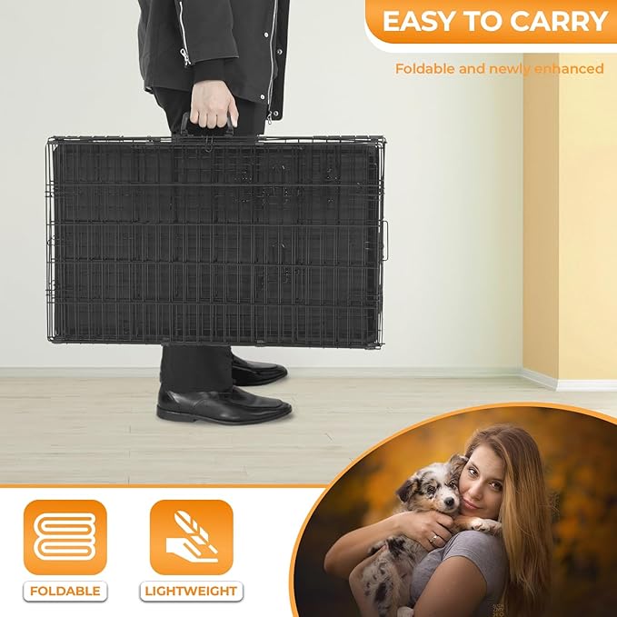 PayLessHere Large Dog Crate Kennel for Medium Large Dogs Metal Dog Cage Double-Door Folding Travel Indoor Outdoor Puppy Playpen with Divider and Handle Plastic Tray (36 Inch, Black)