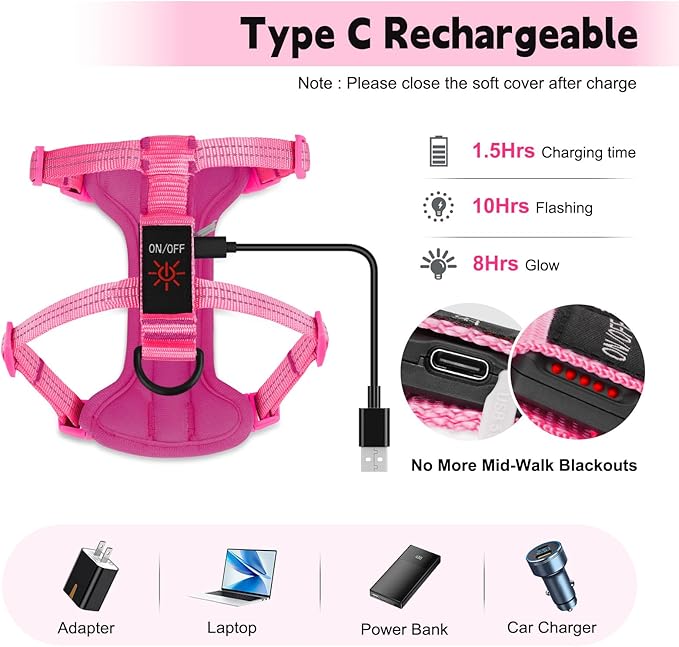 Rechargeable Light Up Dog Harness for Small Dogs – Adjustable LED Dog Vest with Reflective Strips, No Pull Glow in The Dark Puppy Harness for Night Walking Safety-Pink