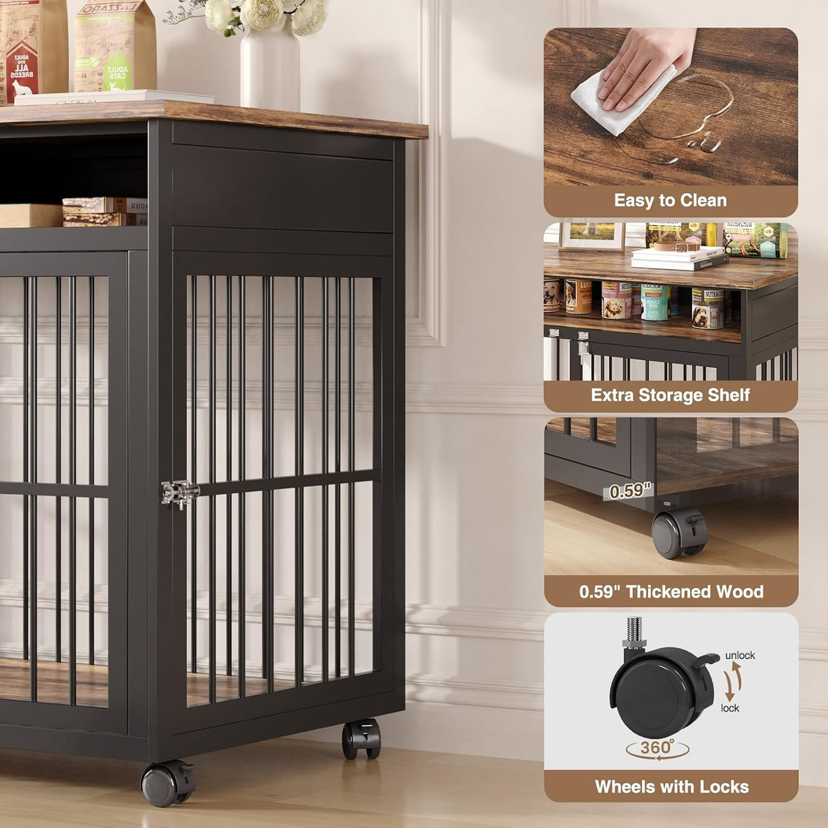 39.4" Dog Crate Furniture for Medium and Large Breed, Dog Kennel Furniture with Storage Shelf & Lockable Wheels, Heavy Duty Wooden End Side Table Pet Cage Indoor, Chew-Resistant, Brown