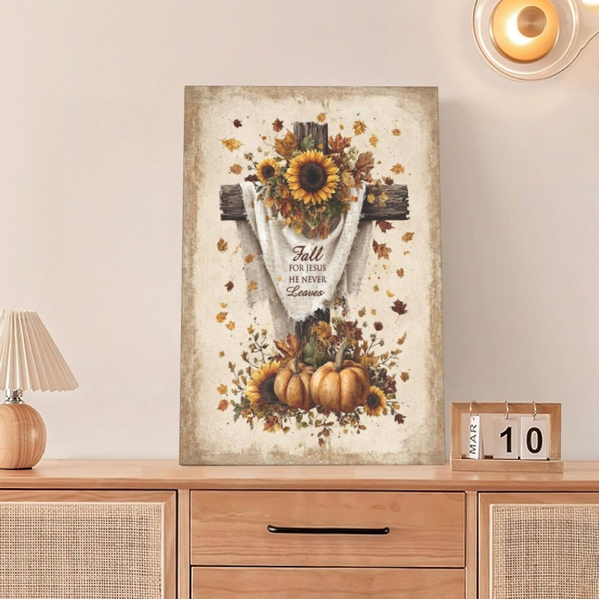 Christian Fall Wall Art Autumn Rustic Cross Sunflower Pumpkin Wall Decor Fall for Jesus He Never Leaves Pictures Painting Print Framed Artwork Decorations Gifts for Living Room Bedroom Prayer Room Office 16"x24"