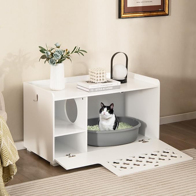 Tangkula Cat Litter Box Enclosure, Hidden Litter Box with Removable Cushion & Flip-Down Opening, Multifunctional Storage Cabinet Bench, Modern Litter Box Furniture Fits Most Litter Box (White)